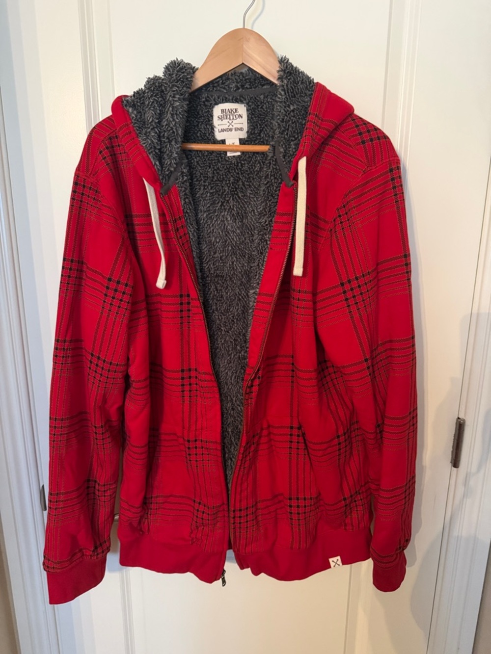 Lands' End x Blake Shelton Plush Sherpa Hoodie Jacket in Red Buffalo Plaid